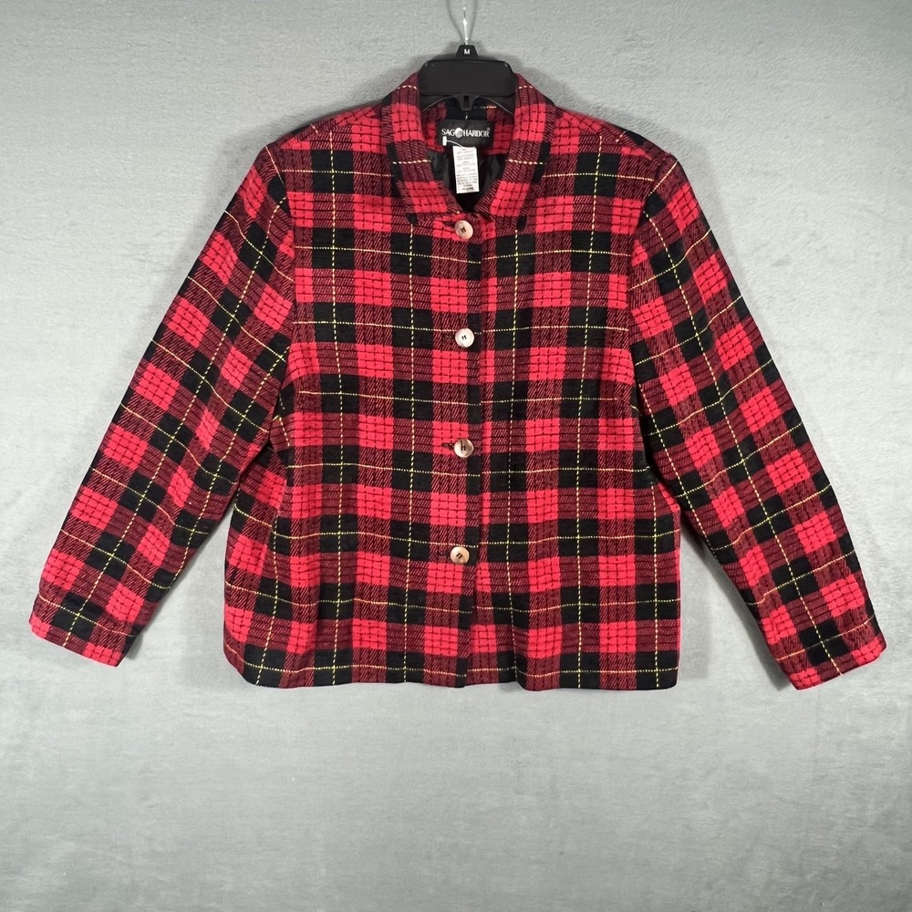 Sag Harbor Women's Red Black Plaid Button Front Acrylic Jacket Size 16 Regular